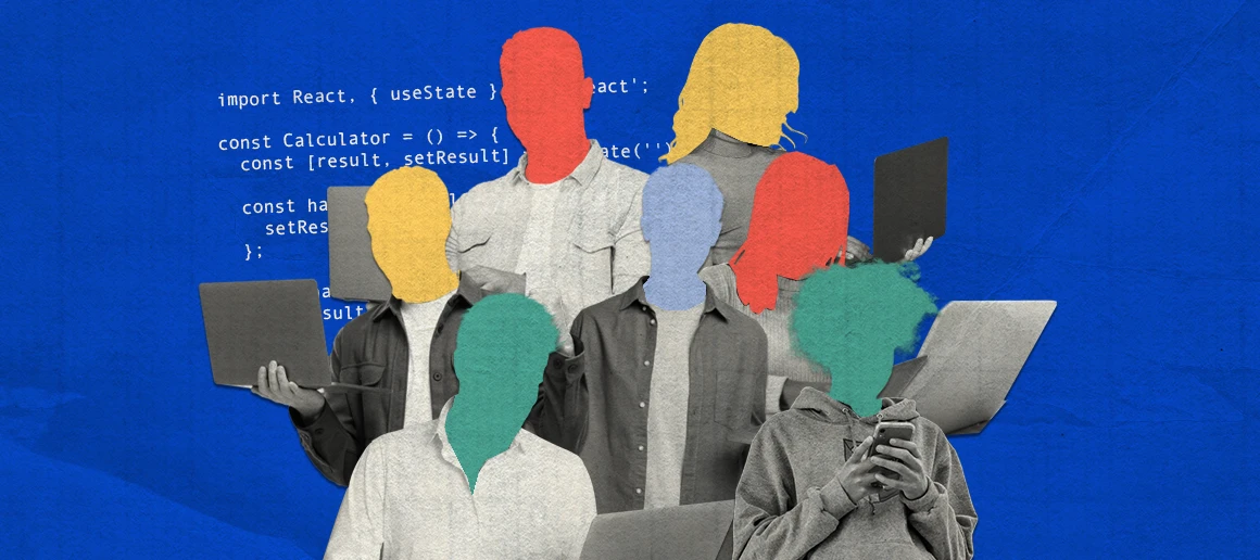 Collage of silhouettes with colored heads against React code, symbolizing a team of developers working on a React project.