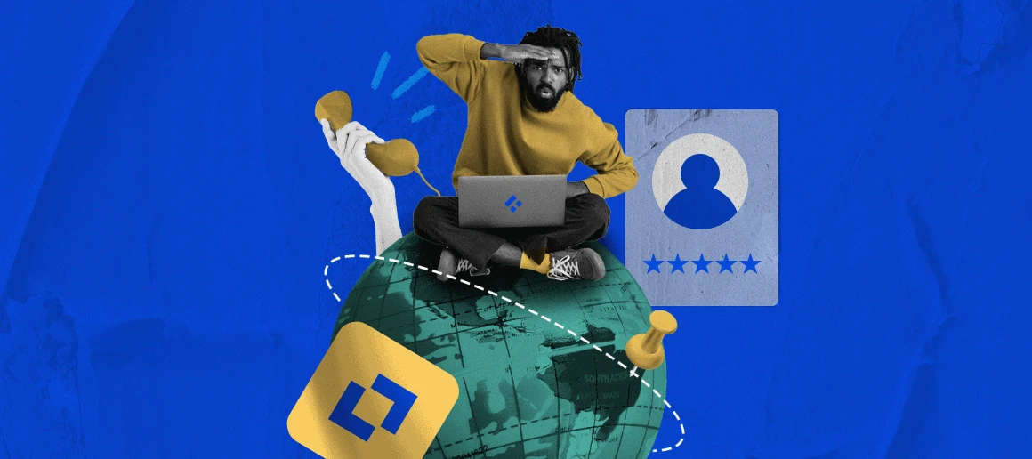 Digital collage of a man with a beard sitting on a globe with a laptop, with graphic elements including push pins and a location marker, a chat bubble, a five-star review icon, and abstract shapes in yellow and blue tones."
