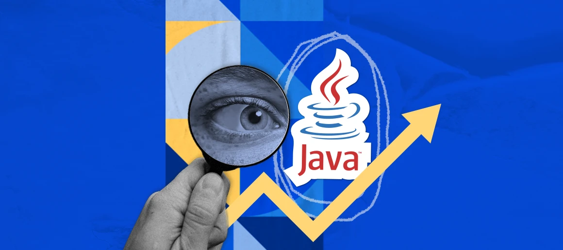 Human hand holding magnifying glass over eye with Java logo and upward arrow on blue background.