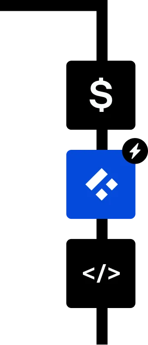 Icon stack of dollar sign, Trio logo, and code symbol representing cost-effective fintech development